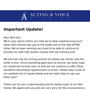 AVS Studio Update: Reduced Classes due to SAG-AFTRA Strike 🎭