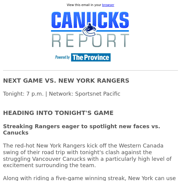 Rangers eager to spotlight new faces vs. Canucks