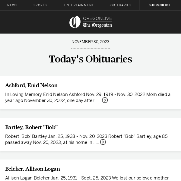 Latest obituaries for November 30, 2023