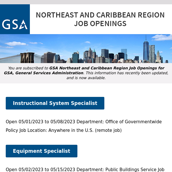 New/Current Job Opportunities in the GSA Northeast & Caribbean Region