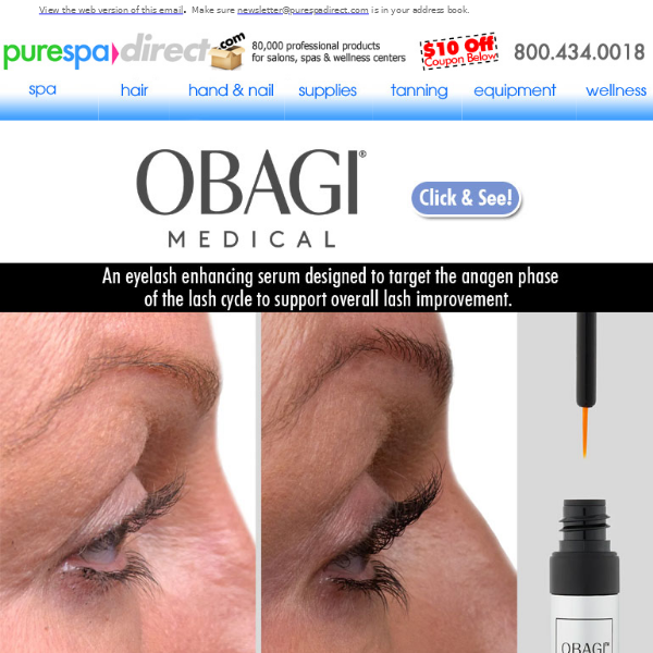 Pure Spa Direct! Obagi Nu-Cil Eyelash Enhancing Serum + $10 Off $100 or more of any of our 80,000+ products!
