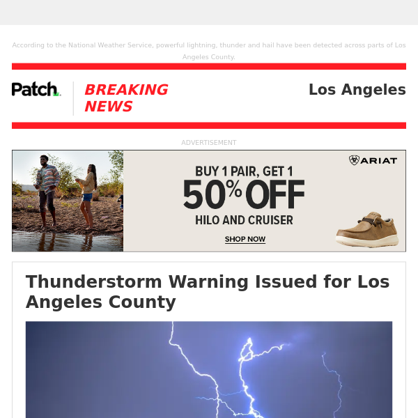 ALERT: Thunderstorm Warning Issued for Los Angeles County – Mon 04:59:00PM