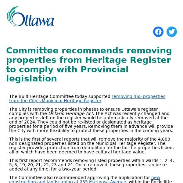 Committee recommends removing properties from Heritage Register to comply with Provincial legislation