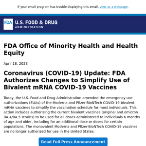 Coronavirus (COVID-19) Update: FDA Authorizes Changes to Simplify Use of Bivalent mRNA COVID-19 Vaccines