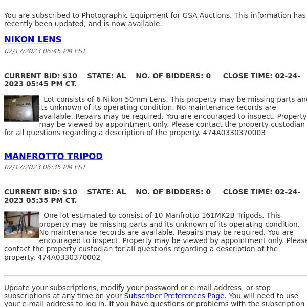 GSA Auctions Photographic Equipment Update