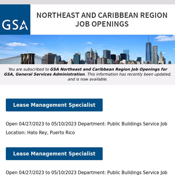 New/Current Job Opportunities in the GSA Northeast & Caribbean Region