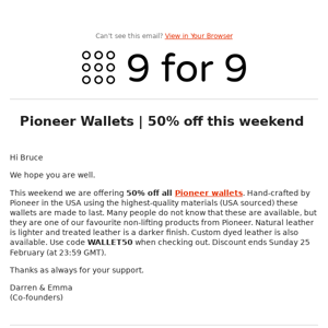 Pioneer Wallets | 50% off this weekend!