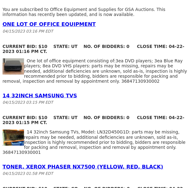 GSA Auctions Office Equipment and Supplies Update