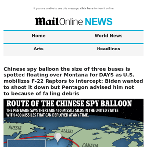 Chinese spy balloon the size of three buses is spotted floating over Montana for DAYS as U.S. mobilizes F-22 Raptors to intercept: Biden wanted to shoot it down but Pentagon advised him not to because of falling debris