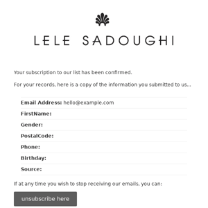 LELE SADOUGHI SUBSCRIBERS: Subscription Confirmed