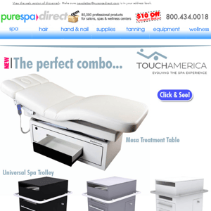 Pure Spa Direct! Your Clients Will Want to Move In: The Mesa Treatment Table from Touch America + $10 OFF $100 or more of any of our 80,000+ products!