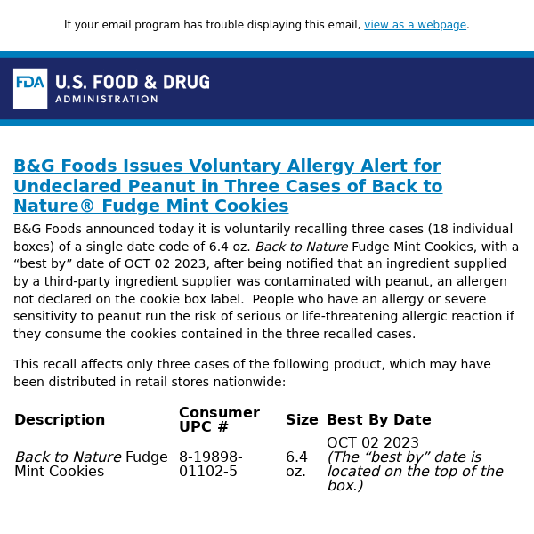 B&G Foods Issues Voluntary Allergy Alert for Undeclared Peanut in Three Cases of Back to Nature® Fudge Mint Cookies