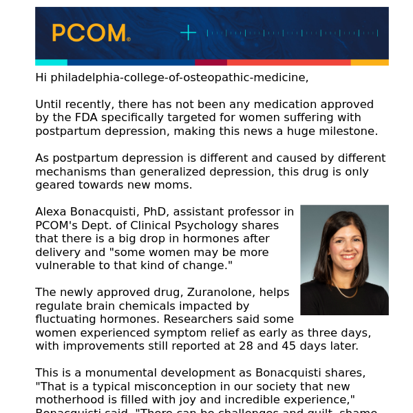 PCOM psychology faculty celebrates new drug approved for postpartum depression