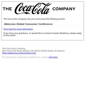 The Coca-Cola Company to present at dbAccess Global Consumer Conference