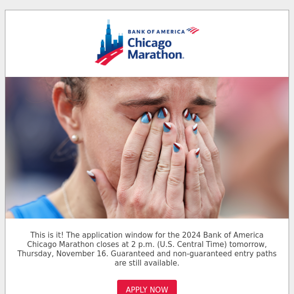 Last chance to apply for the 2024 Bank of America Chicago Marathon!