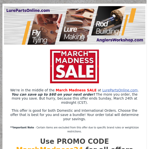 Don't Forget it's MARCH MADNESS at LurePartsOnline.com - Lure