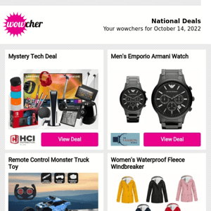 Mystery Tech Deal | Men's Emporio Armani Watch | Remote Control Monster Truck Toy | Women's Waterproof Fleece Windbreaker | Cute Christmas Doll Ornaments