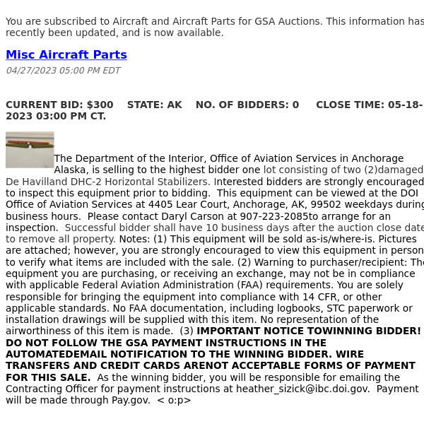 GSA Auctions Aircraft and Aircraft Parts Update