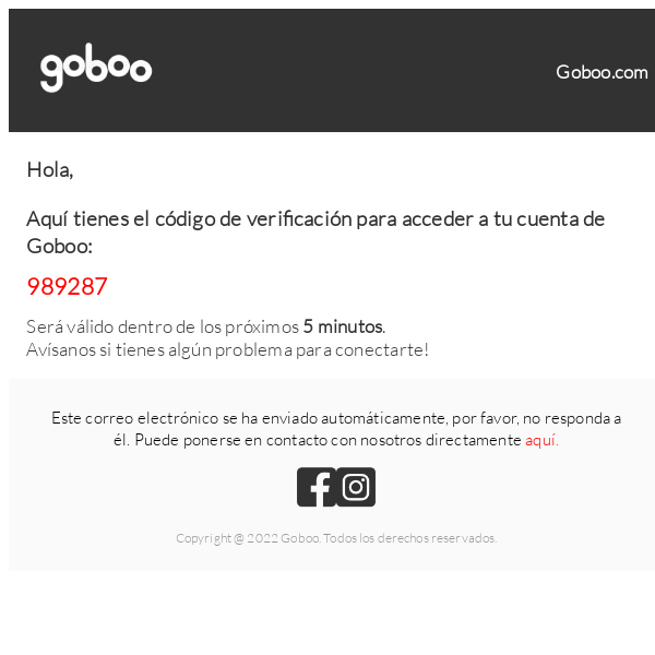 Tu código de verificación Goboo 989287