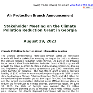 Air Protection Branch Announcement- Stakeholder Meeting on the Climate Pollution Reduction Grant in Georgia
