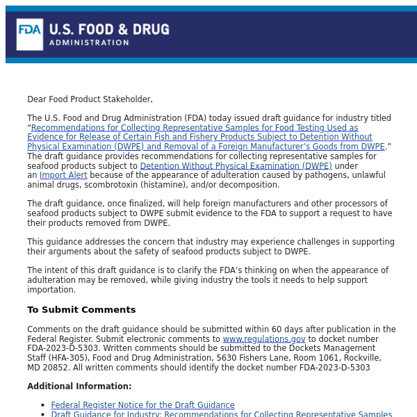 FDA Issues Draft Guidance on Sampling Recommendations for Seafood Subject to DWPE