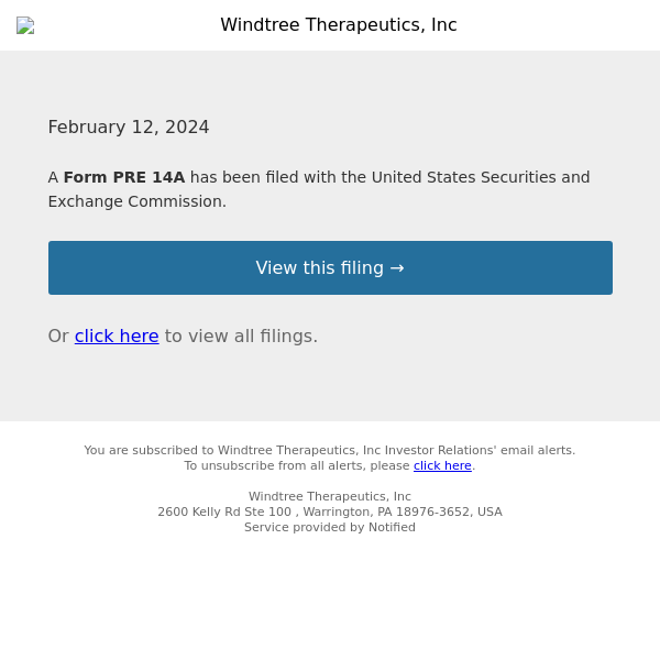 New Form PRE 14A for Windtree Therapeutics, Inc