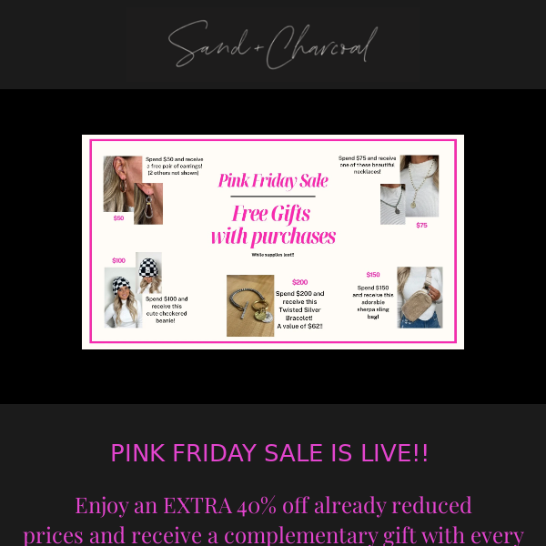 PINK FRIDAY SALE IS LIVE! Happy Shopping!! <3 Sand + Charcoal