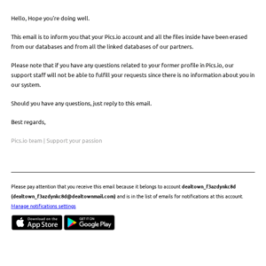 Your Pics.io account has been deleted