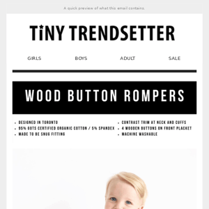 Wood Button Rompers just launched!