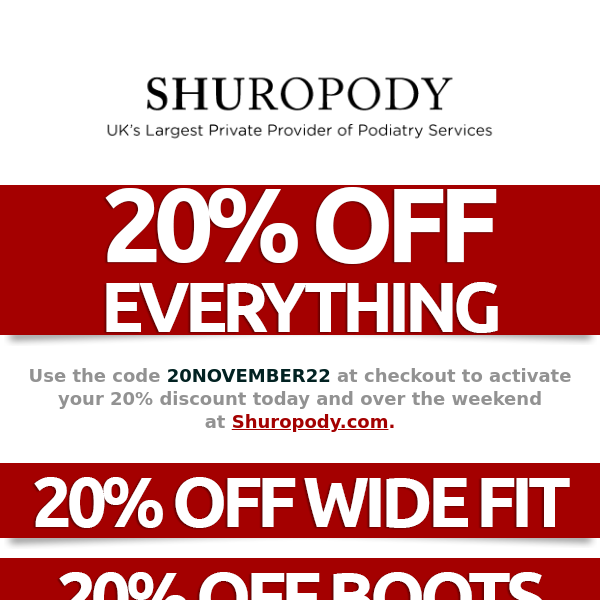 20% off at shuropody.com today and over the weekend