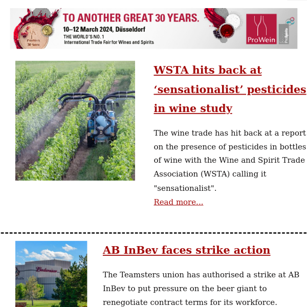 WSTA hits back at 'sensationalist' pesticides study / Ab InBev faces strike action / Alleged fine wine fraudster extradited to US