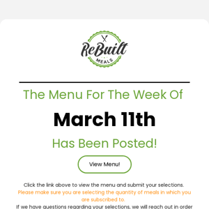 ReBuilt Meals Menu - Week of March 11th