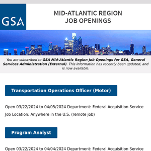 New/Current Job Opportunities in the GSA Mid-Atlantic Region