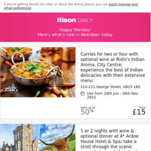 Rishi's Indian dining; 4* Ardoe House Hotel stay; Ellee's Hair Design, City Centre; Fisher’s Hotel Murder Mystery, Pitlochry, and 8 other deals
