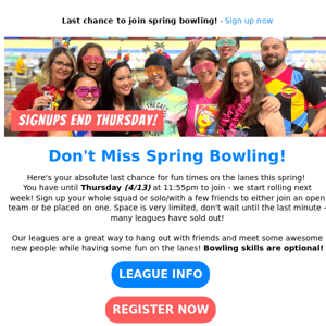 2 Days Left - Spring Social Bowling | Registration Closes 4/13🍻🎳
