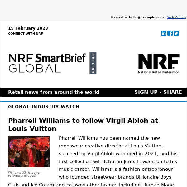 Pharrell Williams to follow Virgil Abloh at Louis Vuitton - National Retail  Federation