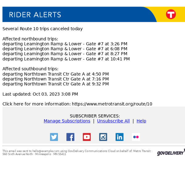 Through tomorrow: Route 10 trip departing Leamington Ramp & Lower - Gate #7 at 3:26 PM and six other trips canceled