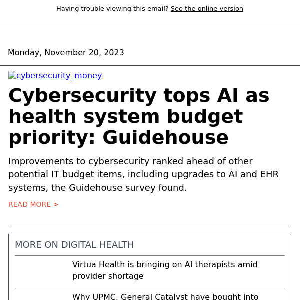 Cybersecurity tops AI as health system budget priority: Guidehouse