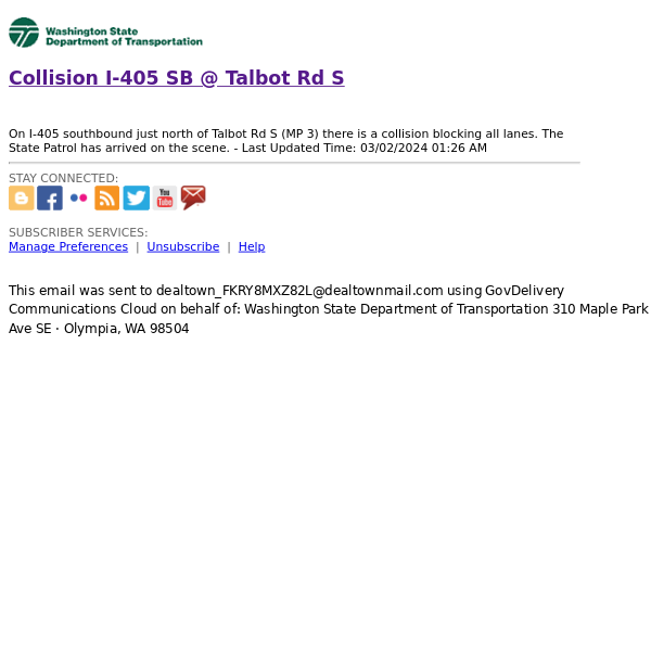 Collision I-405 SB @ Talbot Rd S
