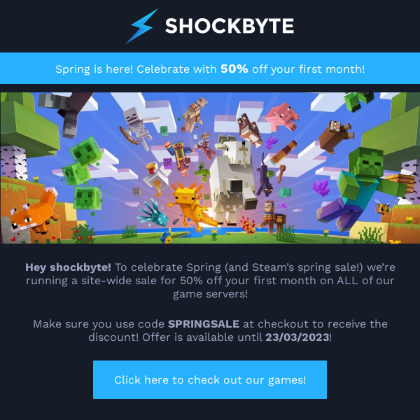 Shockbyte Spring Sale - 50% OFF YOUR FIRST MONTH!