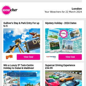 Gulliver's Stay & Park Entry For up to 6 | Mystery Holiday - 2024 Dates  | Win a Luxury 5* Twin-Centre Holiday to Dubai & Maldives! | Supercar Driving Experience £34.99 | 4* Radisson Mother & Daughter Spa Day