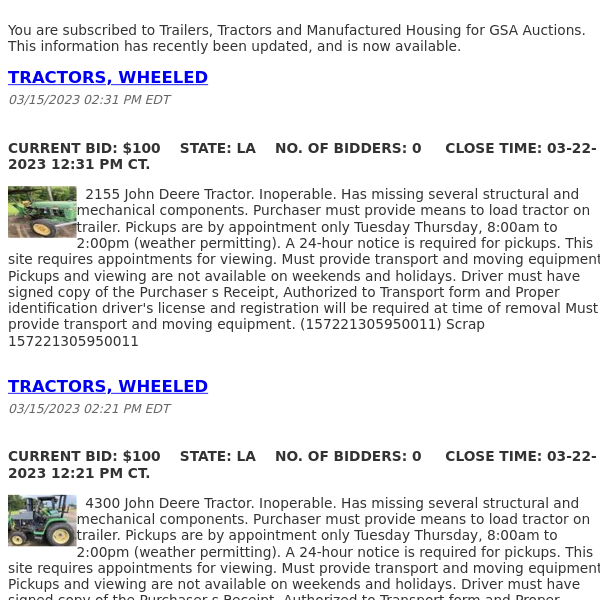 GSA Auctions Trailers, Tractors and Manufactured Housing Update