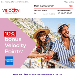 Virgin Australia, Did you know this? Get 10% bonus Velocity Points with American Express*