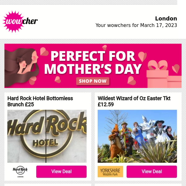 Hard Rock Hotel Bottomless Brunch £25 | Wildest Wizard of Oz Easter Tkt £12.59 | 50% Off Voucher-20-Item Mystery Box £3 | Priority Pass-Airport Lounge Membership £5 | 5* Spa Day & 50 Min Massage £69