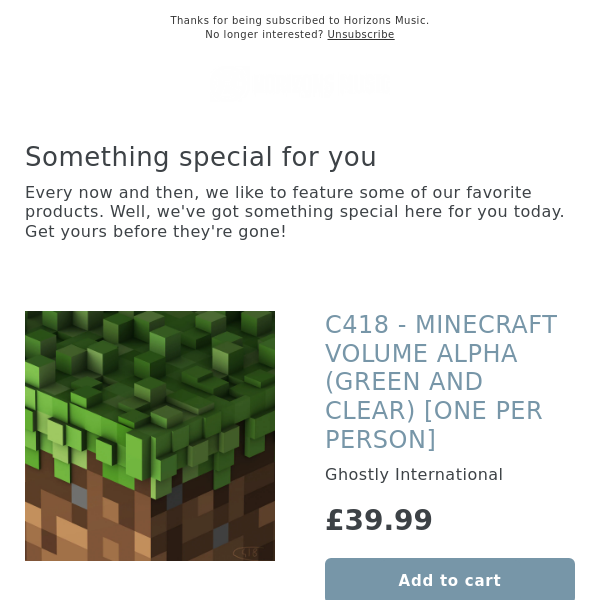 C418 - MINECRAFT VOLUME ALPHA (GREEN AND CLEAR) [ONE PER PERSON]