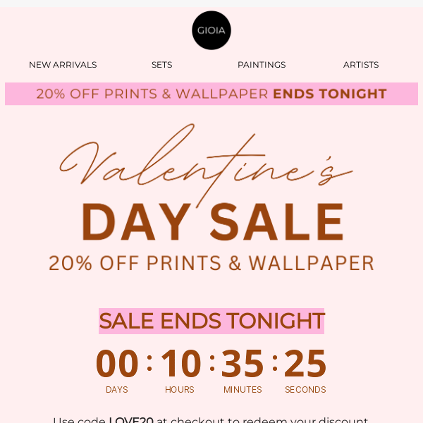 Valentine's sale ends tonight 💘 20% off Prints & Wallpaper