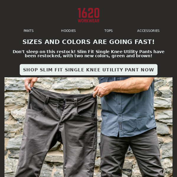 New colors available in Slim Fit Single Knee Utility Pants