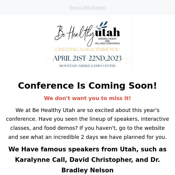 Be Healthy Utah Conference 2 Days away!