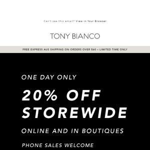 !! 20% OFF STOREWIDE 1 DAY ONLY !!