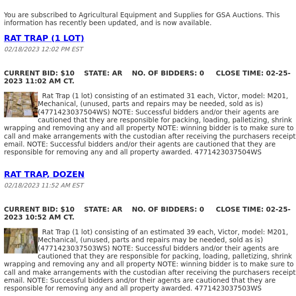 GSA Auctions Agricultural Equipment and Supplies Update